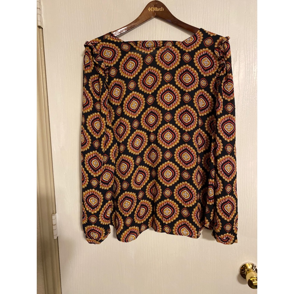 LOFT Square Neck Ruffle Shoulder Medallion Print Blouse Navy Orange Red L 0678